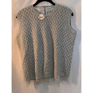 Vintage Hand Beaded Wool Sweater Vest Crystal Fringe Lt Blue Size L 1960's